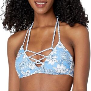 Hot Water Bralette Blue and White Bikini Top with Laced Front and Halter Tie